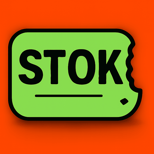 A lime stock plaque reading STOK with a bite chewed out of its right edge, on orange